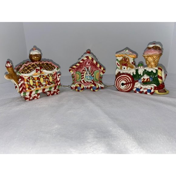Vtg 2001 Fitz & Floyd Candy Lane Express Train Christmas 3 Piece Set
